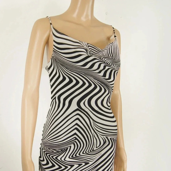 Vintage 90s Y2K White Black Stripe Abstract Line Print Asymmetrical Slip Dress - Picture 2 of 6